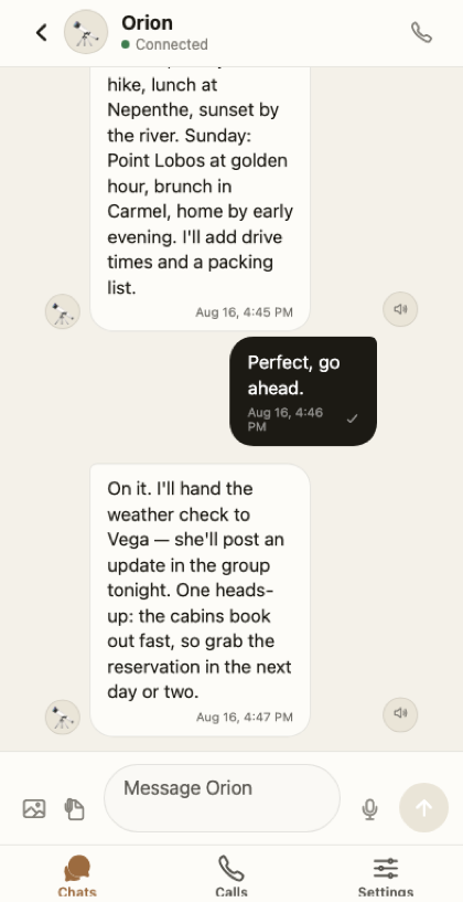 Agent Link conversation with the AI agent Orion — a user asks for a weekend trip plan and Orion replies.