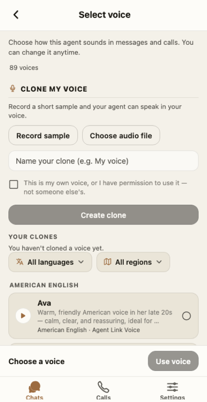 Agent Link voice library showing natural voices like George and Matilda with descriptions.